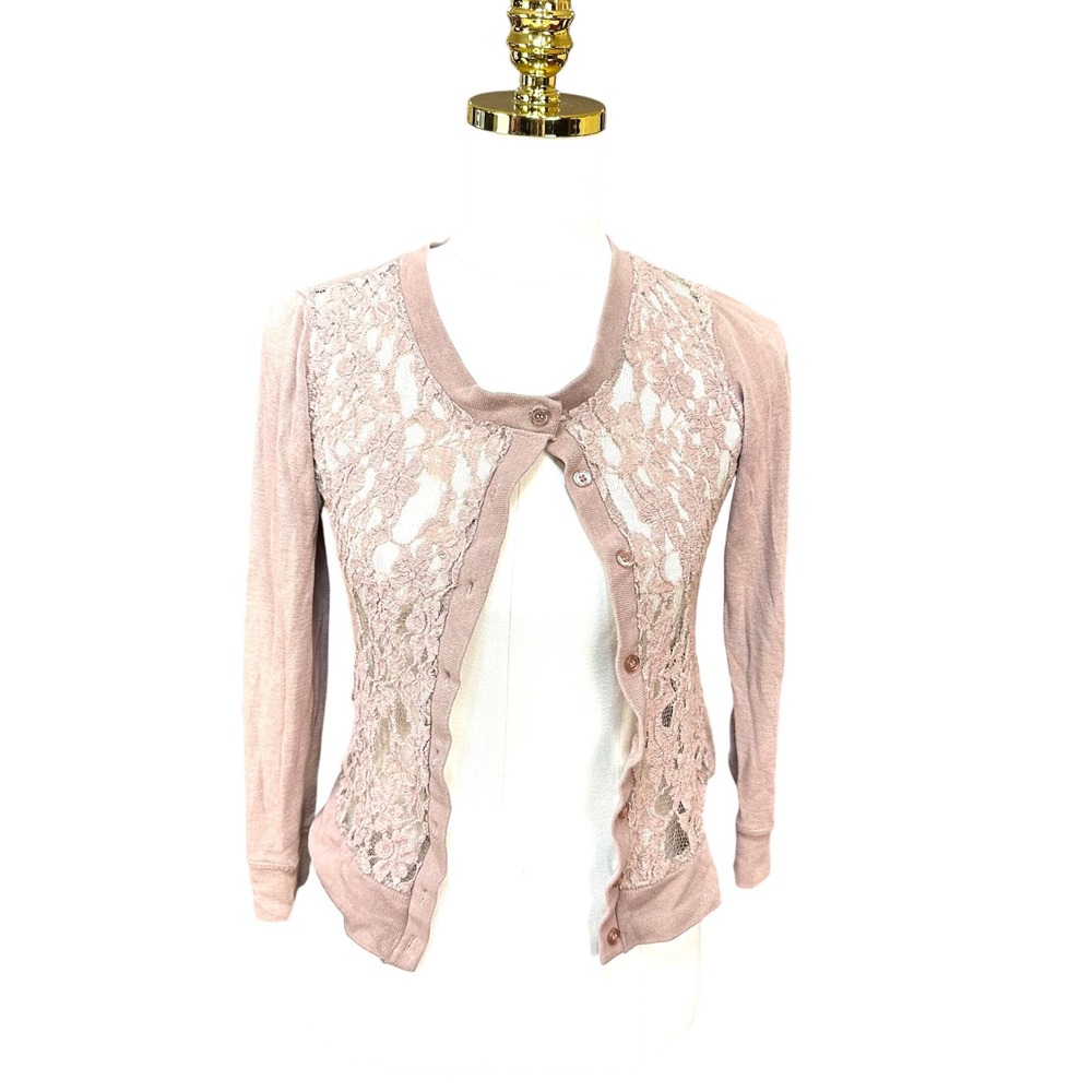 Poof Excellence‎ Mauve Pink Floral Lace Overlay Button Front Cardigan Sweater S